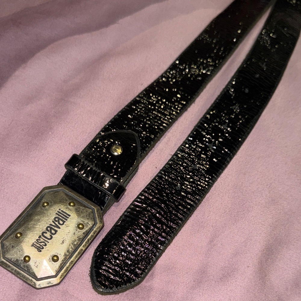 Just Cavalli Black patten leather Belt with Silver Buckle and gold studs - Picture 2 of 8